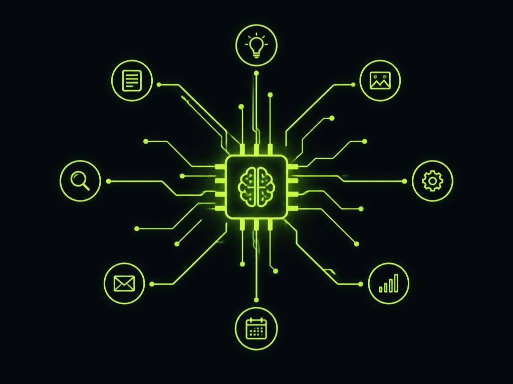 KI-Chip, der mit verschiedenen Aufgaben verbunden ist – Sinnbild für KI-Automatisierung