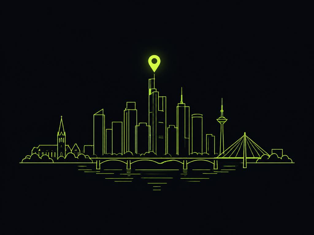 Frankfurter Skyline mit Standort-Markierung – Sinnbild für lokale Sichtbarkeit